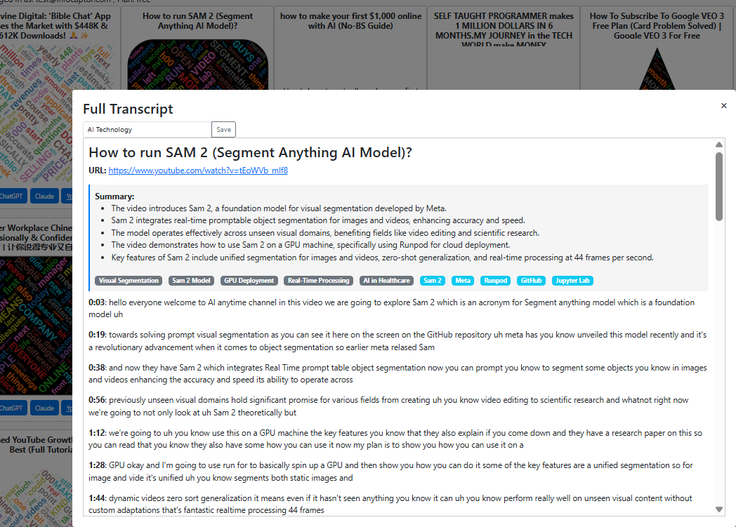 YouTube Transcript Summary Dashboard screenshot 3