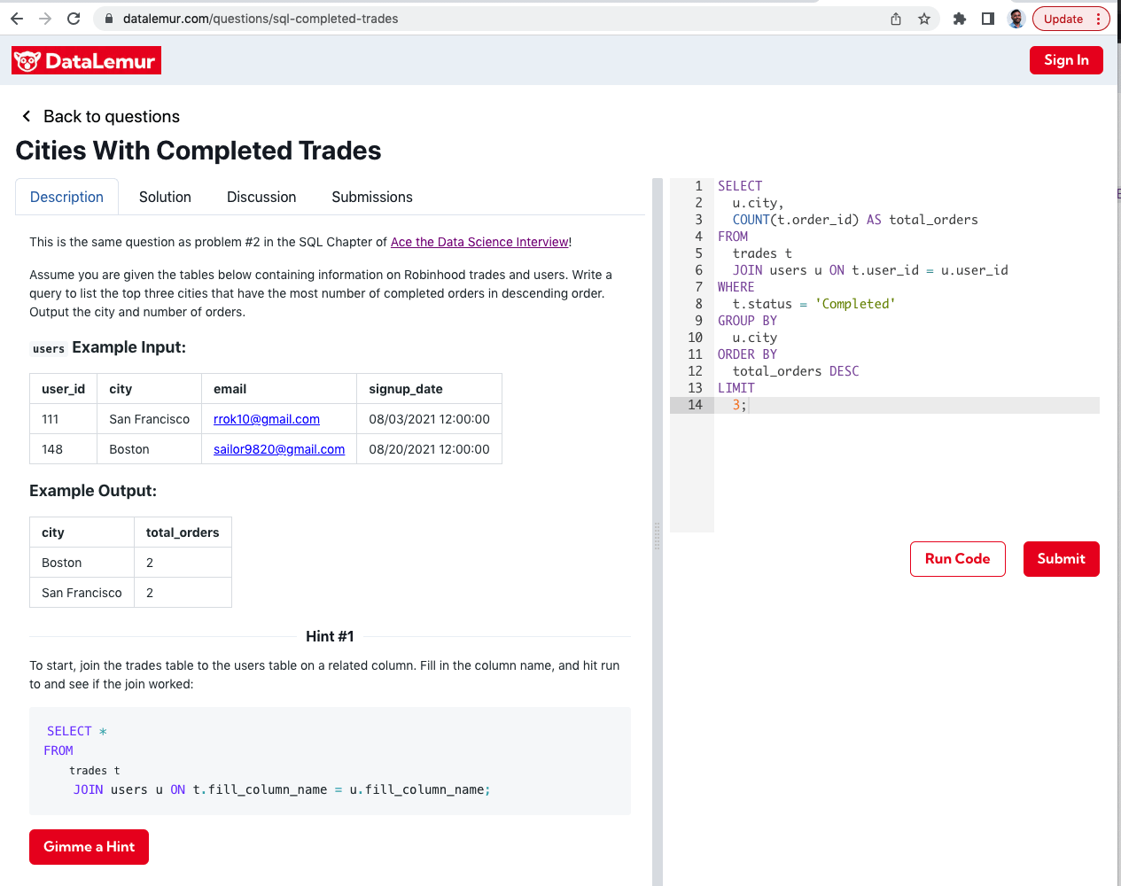 DataLemur screenshot 1