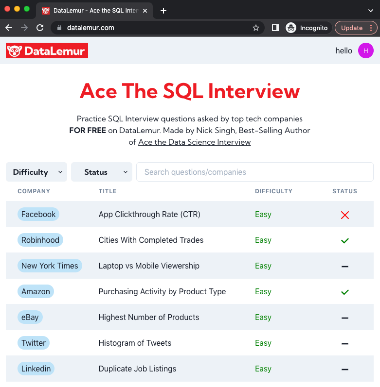 DataLemur screenshot 2